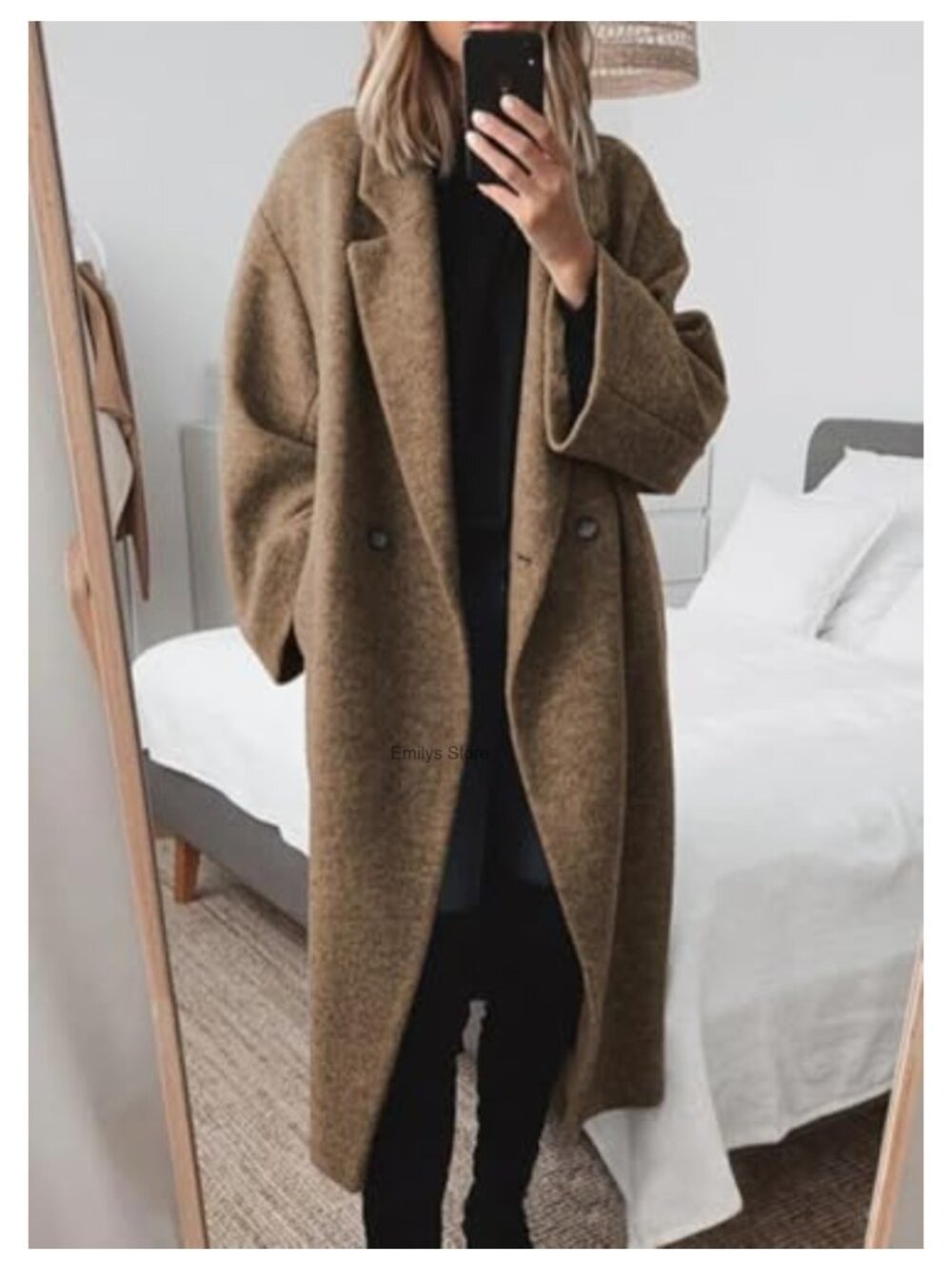 Women's Wool Blend Double Breasted Trench Coat Notch Lapel Long Overcoat
